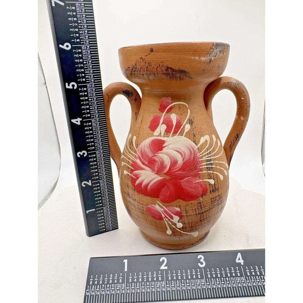 Vintage Double Handled Vase Made In Italy Clay Handmade Handpainted Rose Flower